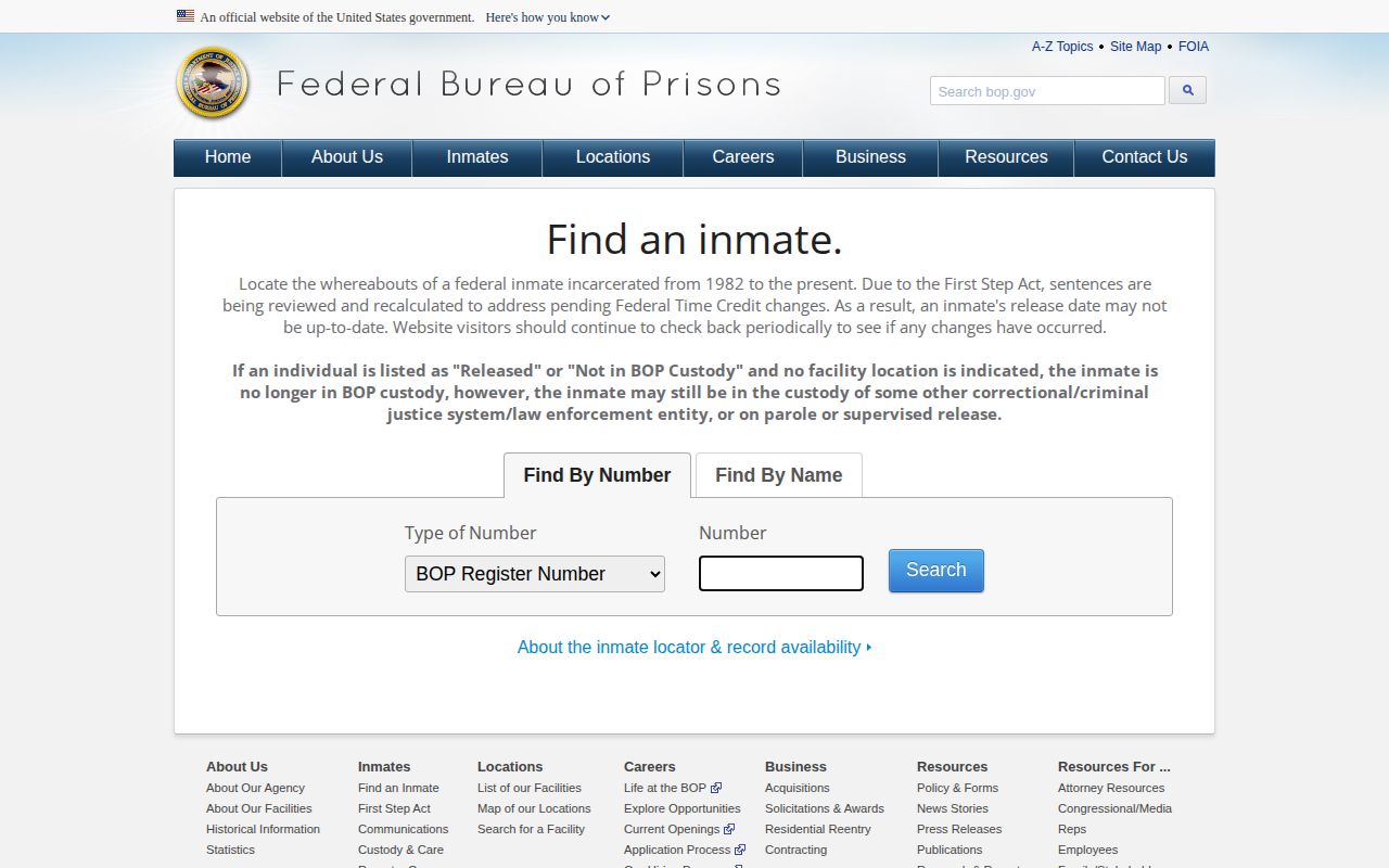 Federal Inmate Locator release record search for Sevier County